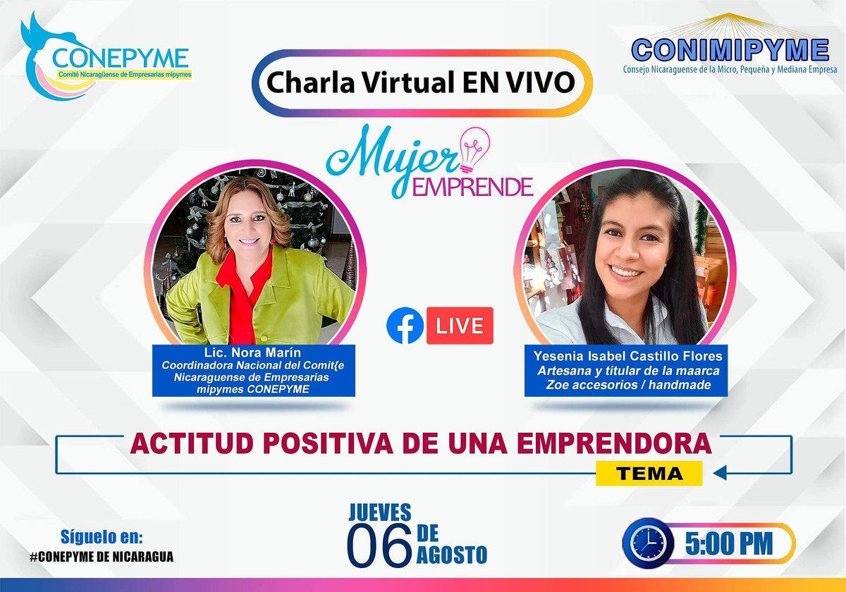conepyme's tweet photo. Hoy no te pierdas nuestra charla virtual en vivo por facebook live desde la página de Conepyme de Nicaragua a las 5 :00 pm.
Tema : Actitud positiva de una Emprendora.
Invitada Especial : Yesenia Isabel Castillo.
#MujeresConepyme
#conimipyme https://t.co/es4immJ8AM