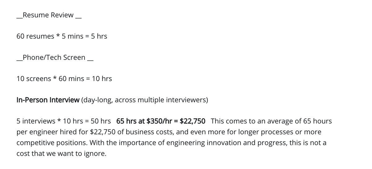 2/ Let's start with the numbers:The average cost to hire an experienced developer ($120k base salary) is a whopping $22,750. Here's how it breaks down when looking at a typical in-house recruiting process (resume review, phone screen, in-person interview):