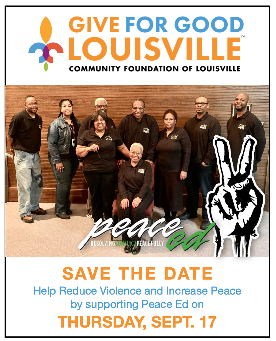 PeaceEdProgram's tweet image. Give for Good Louisville our city&apos;s annual day of online giving is coming up Thursday September 17. Mark your calendar and plan to support the work of Peace Ed. When systems fail we help youth prevail!