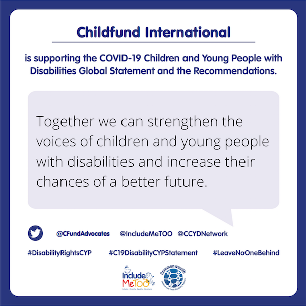 CFundAdvocates's tweet photo. Join us alongside @CCYDNetwork and @IncludeMeTOO to strengthen the voices of children and young people with disabilities and increase their chances of a better future. #DisabilityC19 #DisabilityRightsCYP #LeaveNoOneBehind https://t.co/3an5RdfiMU