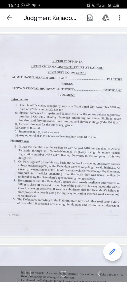 ahmednasirlaw's tweet photo. The court today RIGHTLY held that Public authorities like the Kenya National Highways Authority have a DUTY OF CARE to road users when they do a shoddy jobs. KENHA was compelled to pay the cost of my car's windscreen valued at Ksh.750,311. https://t.co/Jn3BYQ7gtF