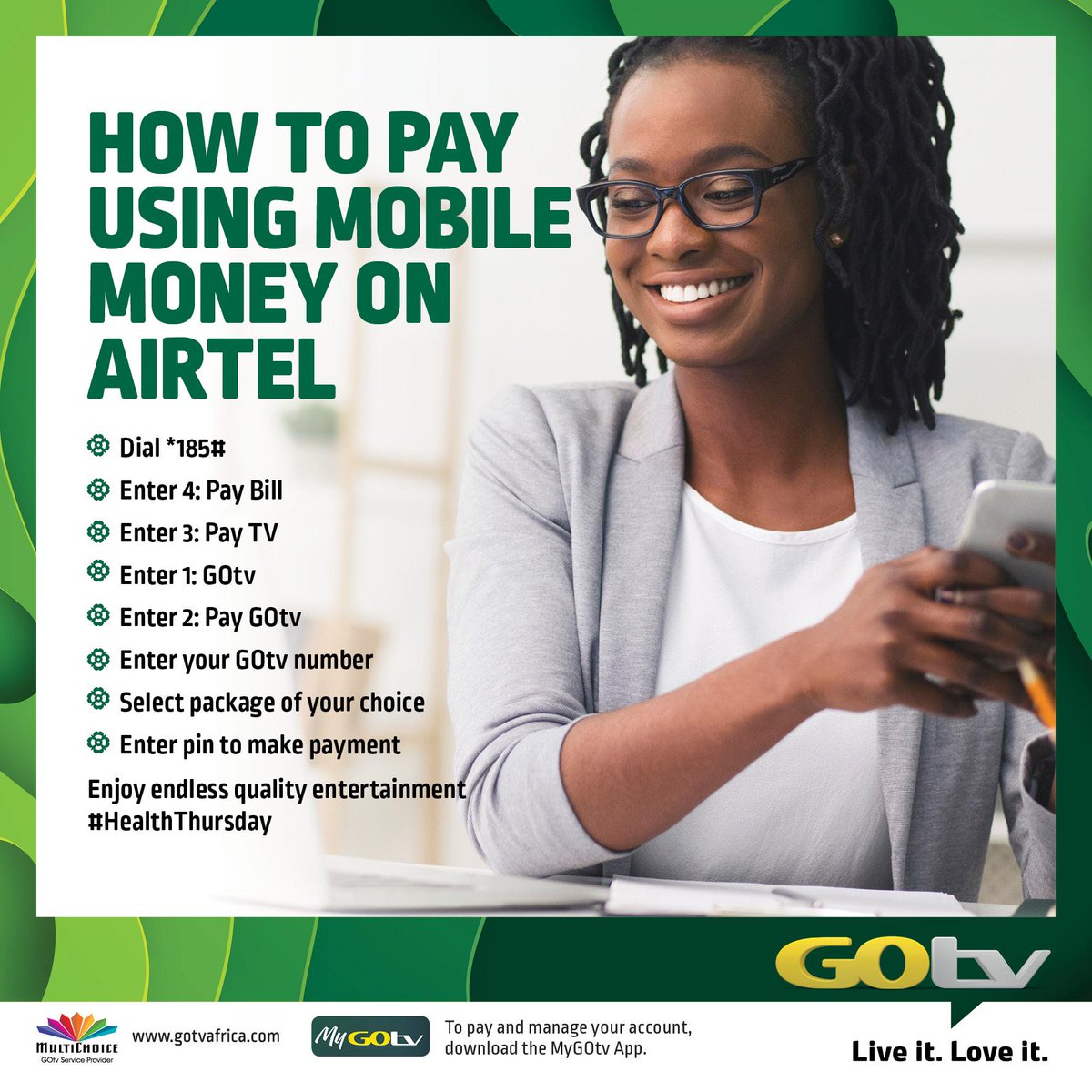 GOtvUganda's tweet photo. Pay, upgrade, or renew your monthly bouquet by using your @Airtel_Ug Mobile Money. Simply follow these prompts and you will be sorted.
#HealthThursday https://t.co/57Vl4PmWsD