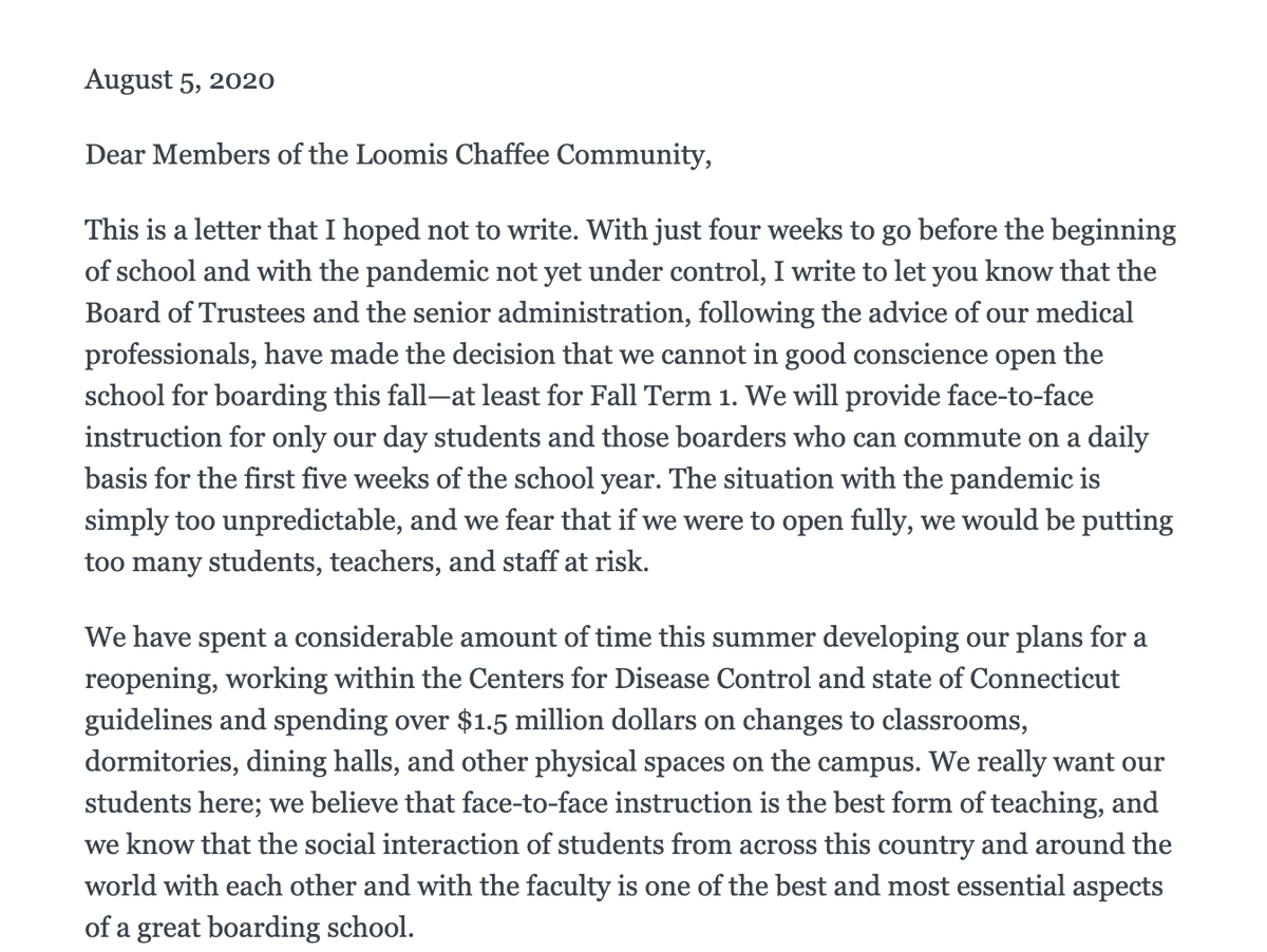 thehowie's tweet photo. Elite New England boarding school (@loomischaffee) has decided to NOT board for the fall, due to failures in testing adequacy, federal response &amp; national containment.

This should cause every university to, at very least, consider these same factors. 

https://t.co/v1hEQBbUKK https://t.co/Bz4X42VtlC