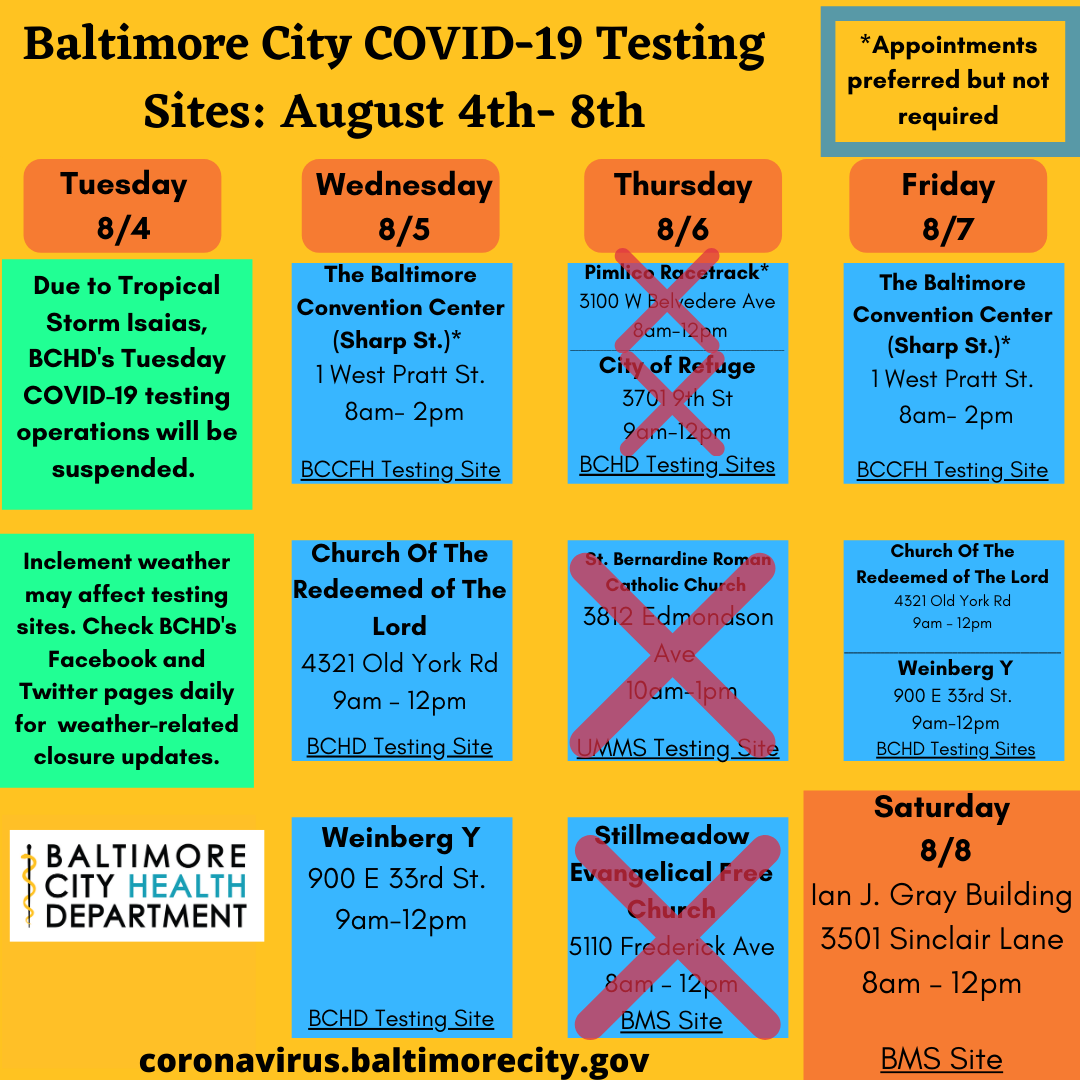 BMore_Healthy's tweet photo. Due to weather, all of the COVID-19 testing locations advertised today have been postponed. Check our social and our "Where to Get Tested" website for the most up to date information on testing availability in Baltimore City. https://t.co/fjyRsnVH6P https://t.co/koP1cXCSFN