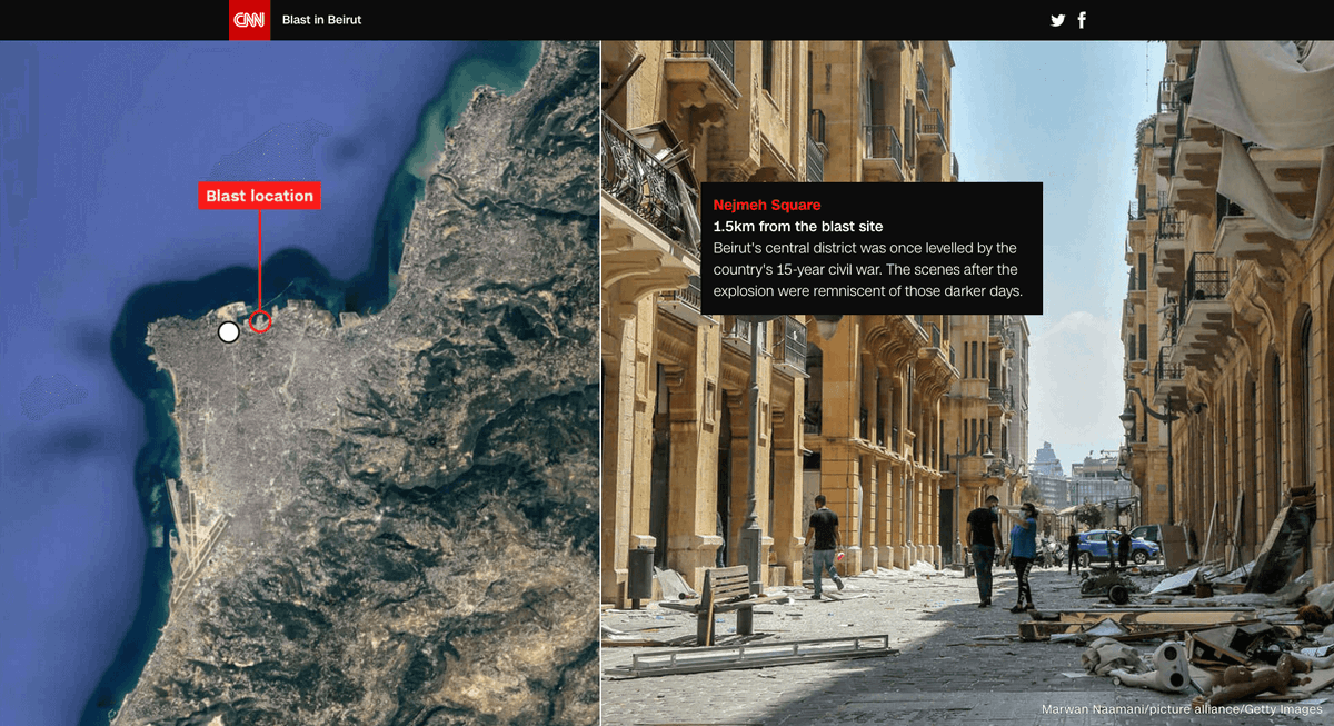1.5𝗸𝗺 𝗳𝗿𝗼𝗺 𝗯𝗹𝗮𝘀𝘁 𝘀𝗶𝘁𝗲: Beirut's central district was once levelled by the country's 15-year civil war. The scenes of the explosion were reminiscent of those darker days.  https://cnn.it/3fvY8K5 