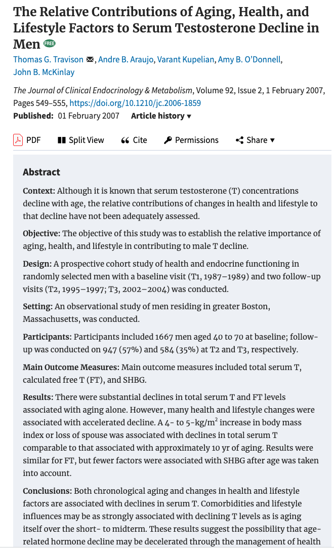 KILLER #3: OBESITYAromatase is the key enzyme responsible for the synthesis of estrogen. Human fat tissue is a major source of estrogenic activity.This 2007 study of 1,667 men found “that each one-point increase in BMI was associated with a 2% decrease in testosterone” .