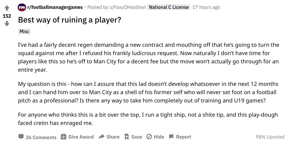 The sort of pettiness we can all get behind from this disgruntled Football Manager player.