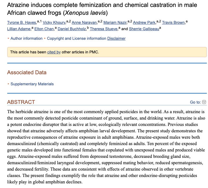 KILLER #8: GLYPHOSATE & ATRAZINEGlyphosate and Atrazine are the two most common herbicides used for commercial agriculture. Glyphosate reduced testosterone and disrupted the progression of pubertyAtrazine, another widely used pesticide, turned 10% of male frogs to females