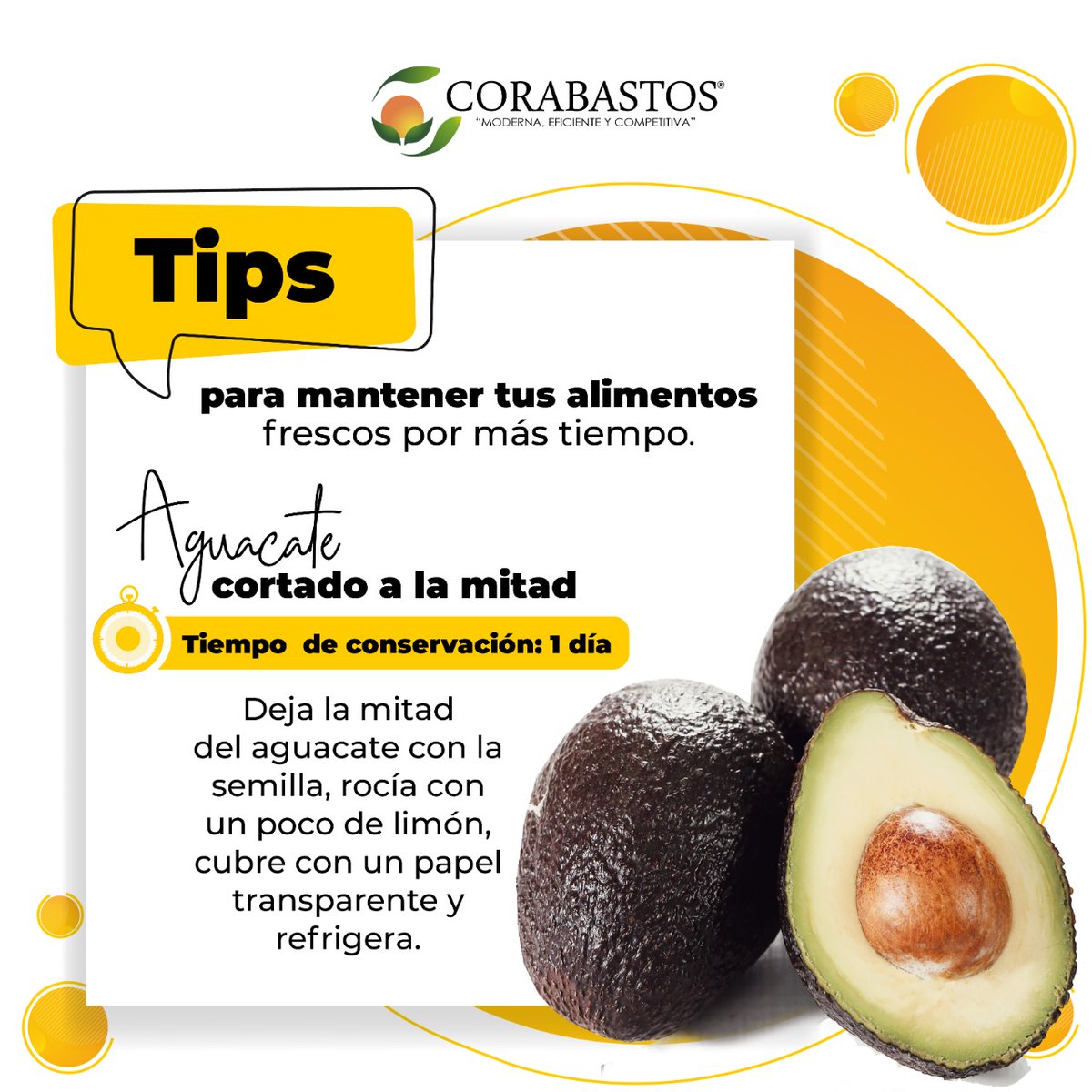 CorabastosSA's tweet photo. 🥑Aquí te dejamos estos tips para que conserves tus alimentos🥬🍅🥦 por más tiempo. 👀Recuerda que Corabastos te entrega excelente  calidad a los mejores precios. 🥑

#CorabastosContigo https://t.co/Yxlx5uYf1n