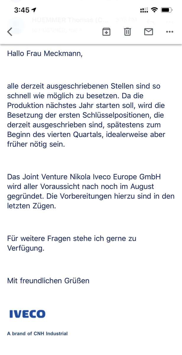 Update from Iveco Germany:“Nikola Iveco Europe GmbH” does not exist yet but they expect to get it established later this month. First key positions are to be filled by early Q4, maybe earlier.”