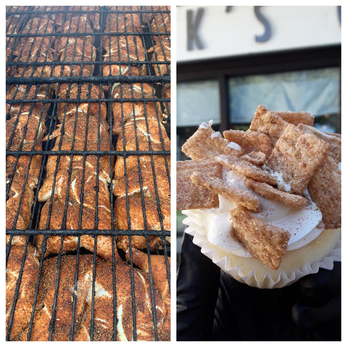 MastersBBQComp's tweet photo. $8 chicken dinner day with an optional $2 cupcake add-on from @haakscakes !!! Call EARLY to reserve, or I am personally eating all of these Cinnamon Toast Crunch cakes!!! https://t.co/KdJKzRctPk