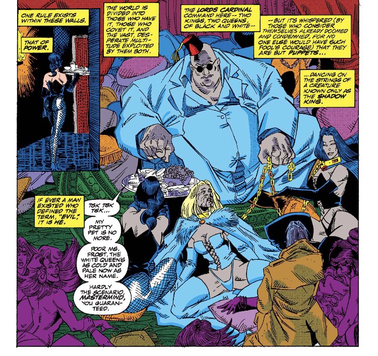 Excalibur 21 & 22On Earth 2122, Farouk is Shadow King of the Hellfire Club. He uses Mastermind to transform Jean into his Shadow Queen. First look at his more demonic, sharp toothed appearance. He escapes.