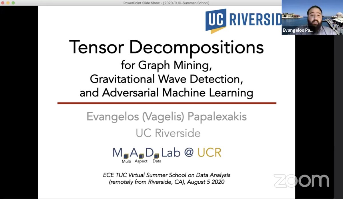 Super excited to participate in the 2020 Summer School on #DataAnalysis, at my alma mater ECE Dept. at Technical University of Crete, talking about #tensors for #graphmining #gravitationalwaves and #adversarialML and wishing my beloved department happy 30th birthday!