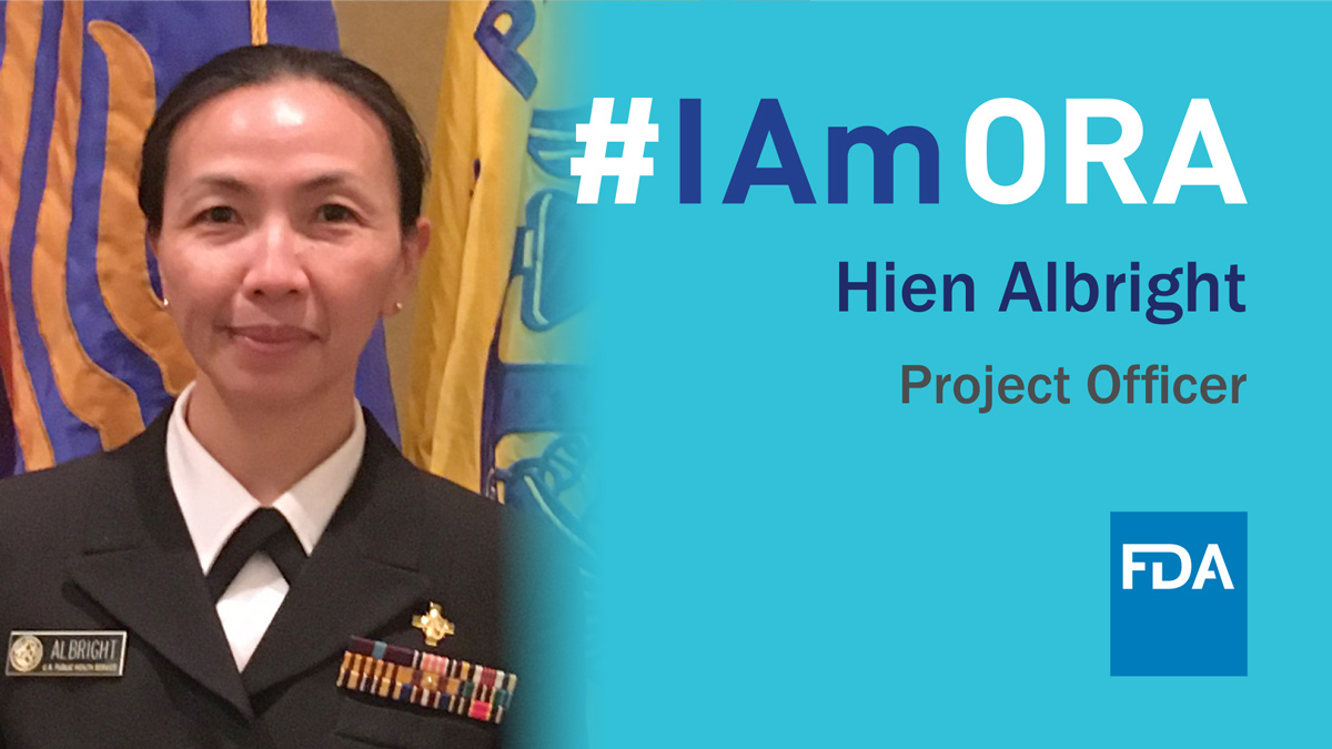 FDAInspects's tweet photo. Hi, I’m Hien Albright. As a food safety officer for #FDAORA, I inspected food delivery to 300+ American evacuees who were quarantined on a ship due to the #COVID19 pandemic. I also acted as the safety officer to new volunteers. https://t.co/WOSqResxFN #IAmORA #ORAOnTheFrontlines https://t.co/gp9k5b4t5w