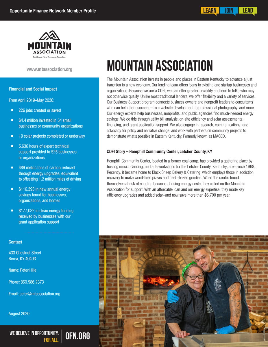 OppFinance's tweet photo. Formerly known as MACED, longtime OFN member Mountain Association (@mtassociationky) invests in people and places in Eastern Kentucky to advance a just transition to a new economy. Check out their #OFNMemberProfile to learn more. https://t.co/nkq0g2Gbms