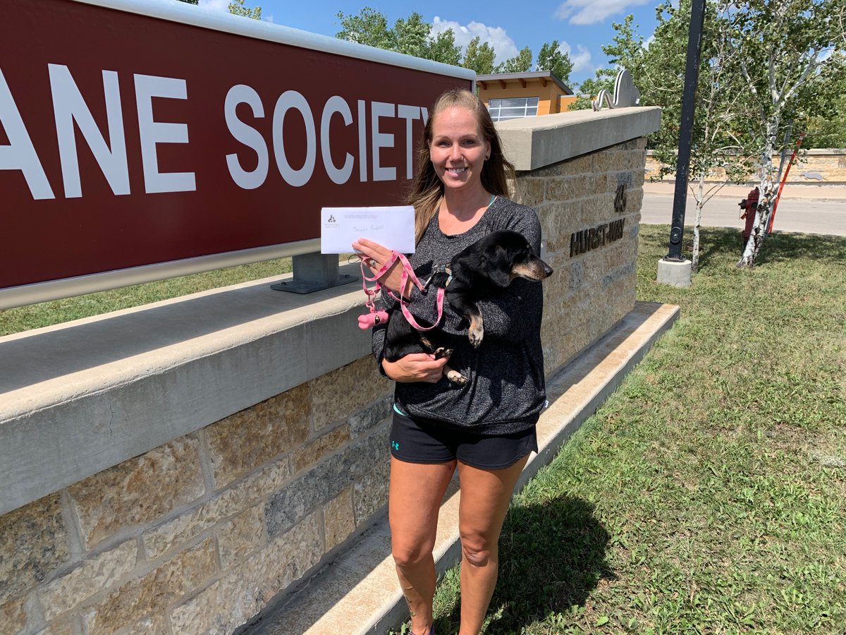 WinnipegHumane's tweet photo. Congratulations to Jacquie Rudolf who is the recipient of our Paws in Motion Care Package generously provided by @Petsecure. Jacquie, with the help of her dog Georgia, raised an incredible $1,600 for the animals in our care. #PIM2020 #WHSHeroes https://t.co/8dXZezoy5R