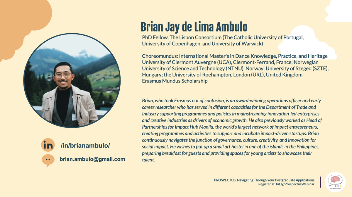 ScienceChatPH's tweet image. Gusto niyo bang mag country-hoping 🏃🏼‍♂️sa Europe habang nag-aaral 📖? Pakinggan natin si Brian kung paano niya nakamit ang #Erasmus scholarship. 🇪🇺

Check: ec.europa.eu/programmes/era…

#Prospectus #GetIntoMasters #ScienceChatPH #pinoyscientists