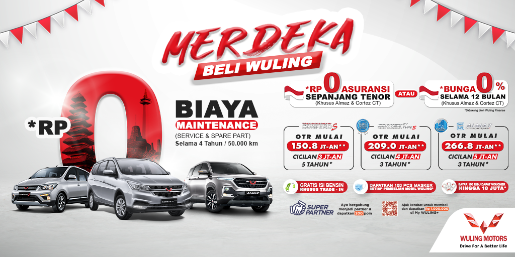 WulingMotorsID's tweet photo. #MerdekaBeliWuling! #WulingMotors hadir dg byk penawaran menarik! Bayar Rp100,000,- dptkan voucher Rp10jt! GRATIS Asuransi atau Bunga 0% 12bln*, Biaya Maintenance selama 4th*, Isi Bensin* &amp; 100 pcs masker Wuling*!

*S&amp;K berlaku, info https://t.co/fKggAultWu

#DriveForABetterLife https://t.co/V6H5yj0Ulh