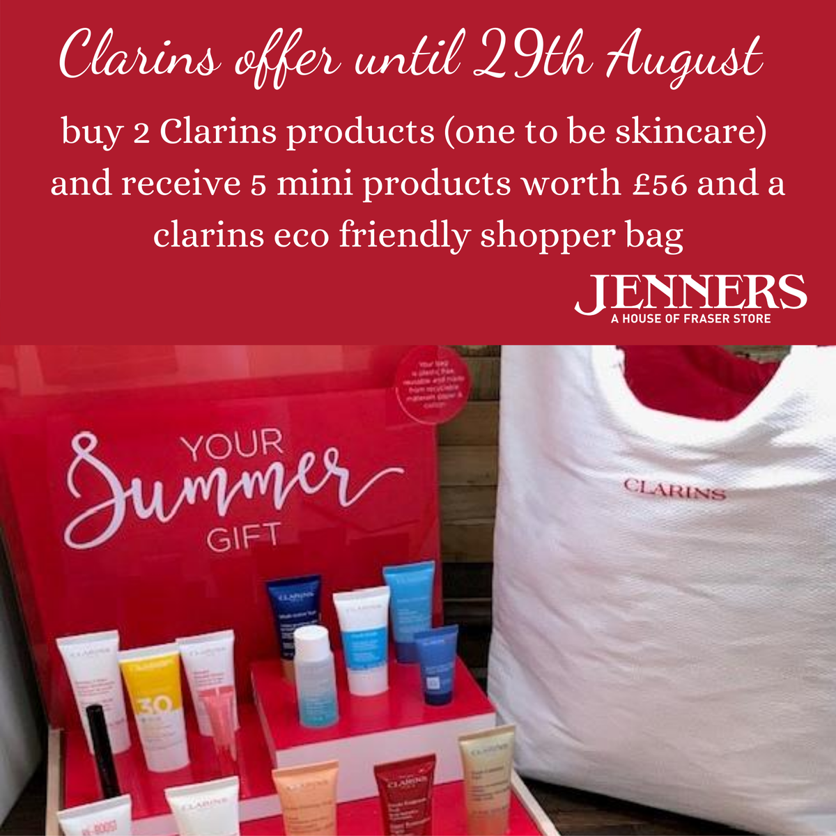 lochlomondshore's tweet photo. Fantastic Clarins beauty offer at Jenners until 29th August #bebeautiful #freebeautyproducts #timetostockup https://t.co/Ko3cmaD2Bt