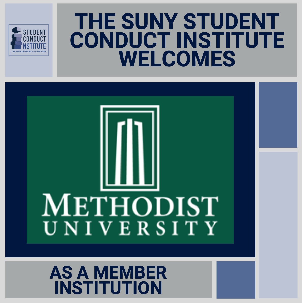 SUNYSCI's tweet photo. The Student Conduct Institute is proud to welcome @MethodistU as a member. SCI provides comprehensive, cutting-edge training in response to conduct violations, including sexual &amp; interpersonal violence. Thank you #MethodistU for your commitment to this important work. https://t.co/4RSZHVXPTn