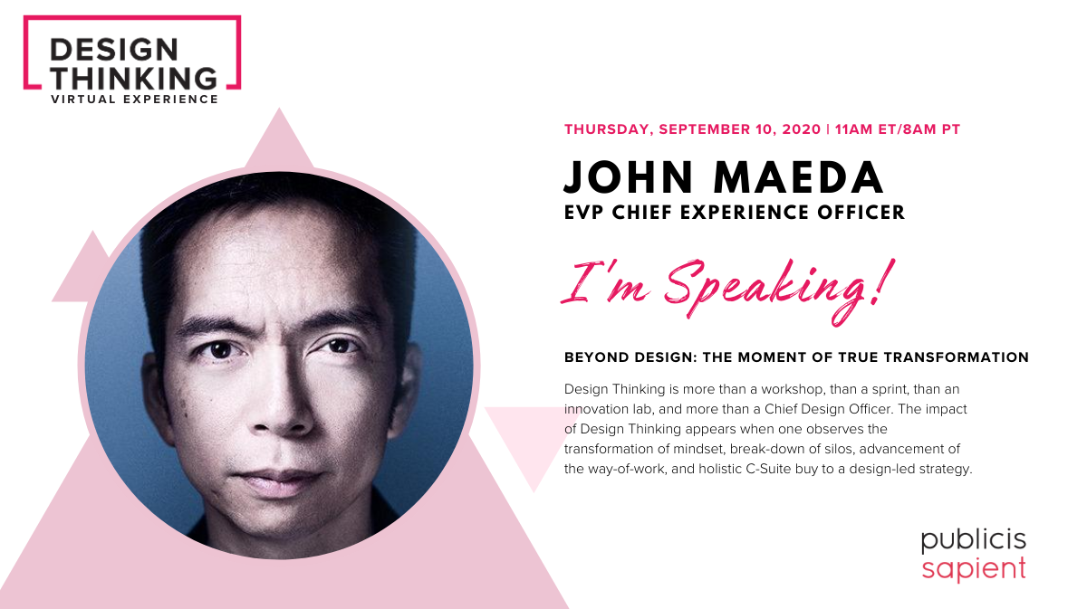 DesignThinkUSA's tweet photo. Join our featured keynote speaker, John Maeda, as he will discuss the transformation of mindset, break-down of silos, and holistic C-Suite buy to a design-led strategy. Register here: https://t.co/hyuYhvBu25

#Design #DesignThinking #DesignThinkingVX #Transformation https://t.co/uuk9CLPk5o