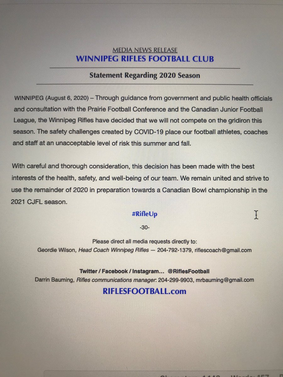 WilsonGeordie's tweet photo. There will be no ⁦@CJFLnews⁩ football this season.  Your ⁦@RiflesFootball⁩ along with it’s league partners have done the right thing to ensure the safety of its players, coaches, staff, board and fans. This really sucks but it is the right thing to do. #RifleUp https://t.co/Chad5ipE1u