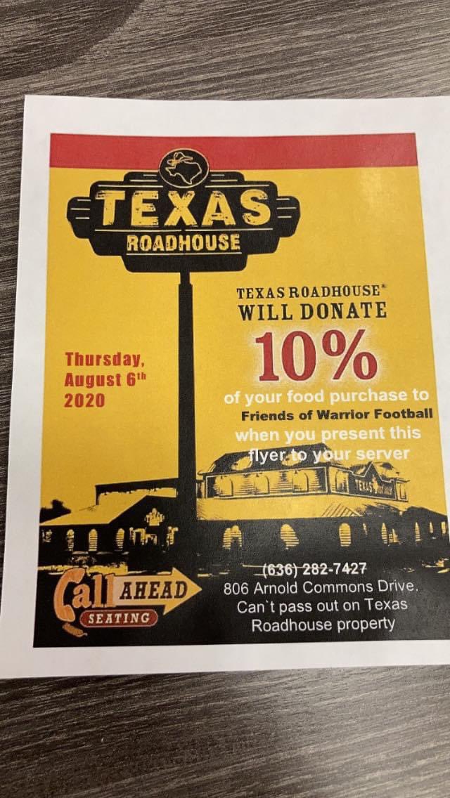 Come out to <a href="/texasroadhouse/">Texas Roadhouse</a> tonight for dinner and help out <a href="/FOXHS_FOWF/">Friends of Warrior Football</a> just print off this flyer and 10% of your Bill helps support our boys. #WarriorNation