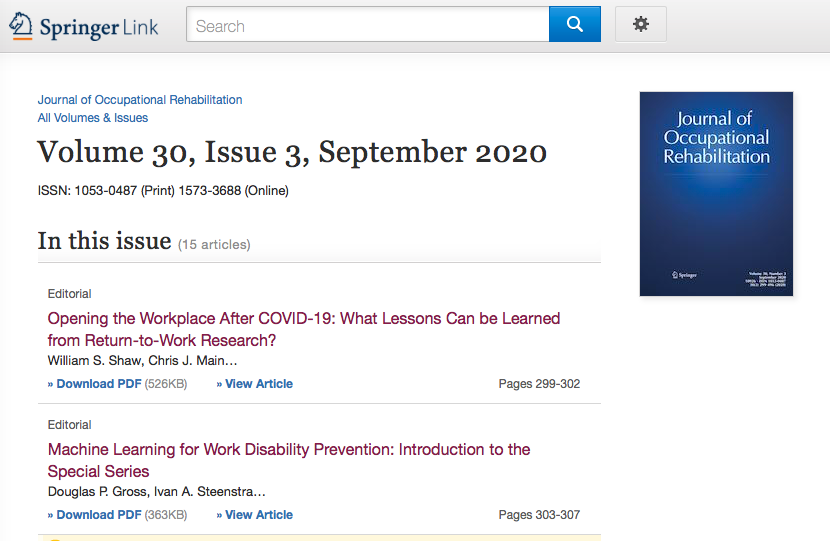 DP_Gross's tweet photo. New issue of #JOOR available. Contains a special series on #machinelearning for work disability prevention guest edited by @IvanSteenstra. Also articles on #COVID19, workplace inclusion, mental ill-heath. cancer survivors, and more.  Available here: https://t.co/7uH01MPNFL https://t.co/jNVUYQfD6I