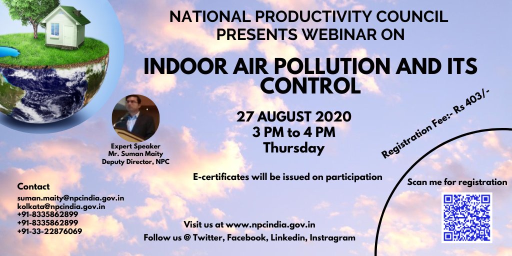 #Cleaner Air Quickly Brings Big #Health Benefits. We're #breathing in #air every moment of every day, and the quality of that air is important'
#NPCINDIA #hosting #webinar on #indoor #Airpollution on 27 Aug at 3 pm
#Register at bit.ly/30plXPD  #Today4Tomorrow