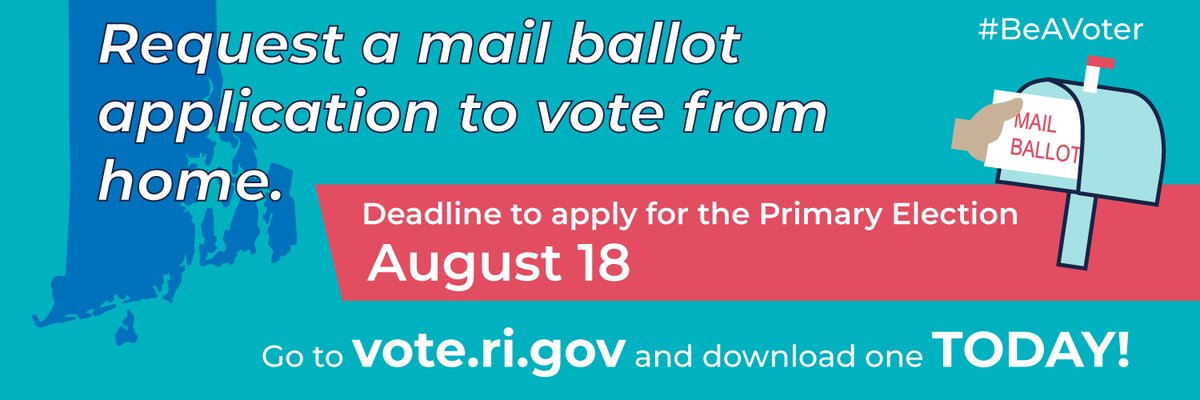 RISecState's tweet photo. #VotefromhomeRI and apply for a mail ballot by Tuesday, August 18! Voting by mail is an easy and secure way to #BeAVoter this fall. Applications must be received by 4 p.m. on the 18th at your local board of canvassers office. https://t.co/TjUD5Dv4TS