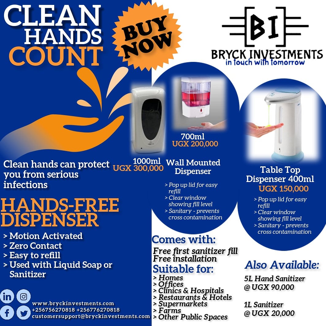 BI_Bryck's tweet photo. Limit contact and chances of infections and more so let your entrance look presentable and save time (no more queuing to wash hands) by investing in an automatic sanitizer dispenser. #savetime #noqueuing #limitinfections #nocontact #StaySafeUG #bryckinvestments https://t.co/rDHMyFXUBk
