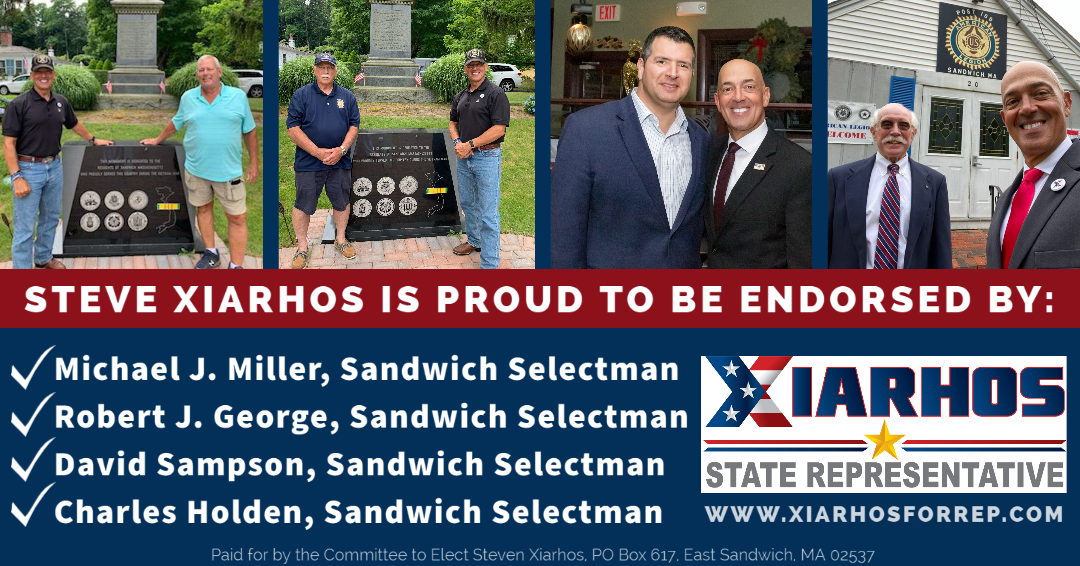 Steve Xiarhos, Republican candidate for State Rep. (5th Barnstable), announces that he has been endorsed by: Michael J. Miller, Robert J. George, David Sampson, and Charles Holden (members of the Sandwich Board of Selectmen).

More: ow.ly/pzoP50ASu6W

#mapoli #magop #gop