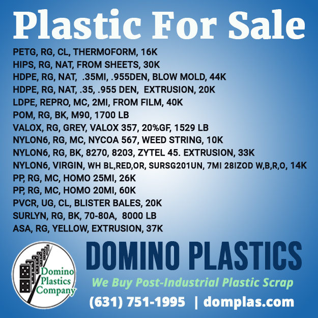 dominoplastics's tweet image. Plastic for Sale: PETG, HIPS, HDPE, LDPE, POM, Valox, Nylon6, PP, PVCR, Surlyn, ASA. Contact Joe@domplas.com to buy or sell plastic. domplas.com #plasticregrind #materialsforsale #rawplastic