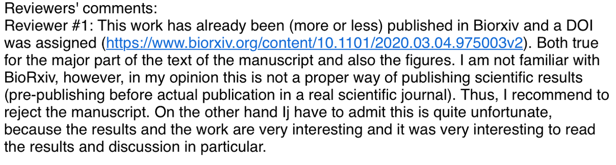 psobolewskiPhD's tweet photo. Wonderful comment to get—Reviewer #1 at that.
#preprints and @biorxivpreprint "not a proper way of publishing scientific results"
We of course disclosed the #preprint and the journal has a pro-preprint policy. At least the work was interesting...
1/n https://t.co/Z96B60XchY