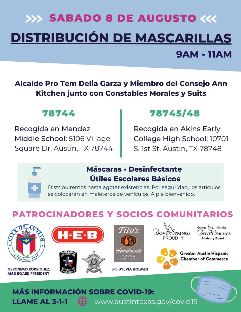 Community distribution of PPE this Saturday, 8/8 from 9-11am. 😷 #SharingIsCaring Together, we are #DolphinStrong! <a href="/aisdparents/">AustinISD Parent Engagement Support Office</a> <a href="/Hacanet/">HACA</a> <a href="/ciscentraltx/">Communities In Schools of Central Texas</a> @AceOaksprings <a href="/ACEatx/">ACE Austin</a> <a href="/LaKesha_Drinks/">La Kesha Drinks</a> <a href="/OSEPROUD1/">OakSpringsPROUD</a>