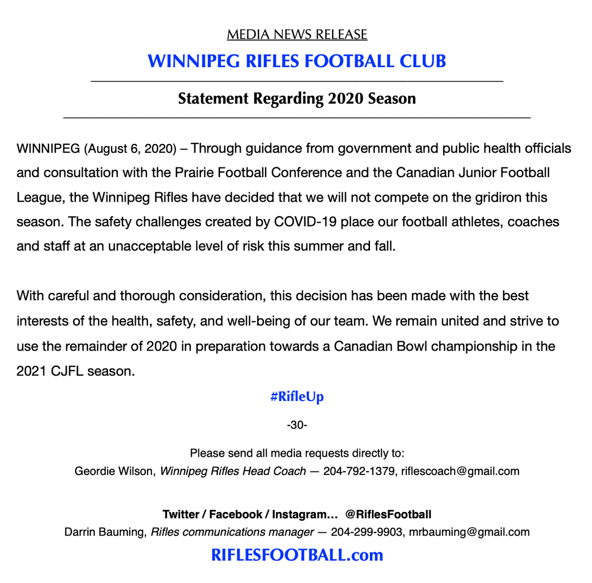 RiflesFootball's tweet photo. Statement regarding our 2020 season... #RifleUp https://t.co/IRciH4FZZu