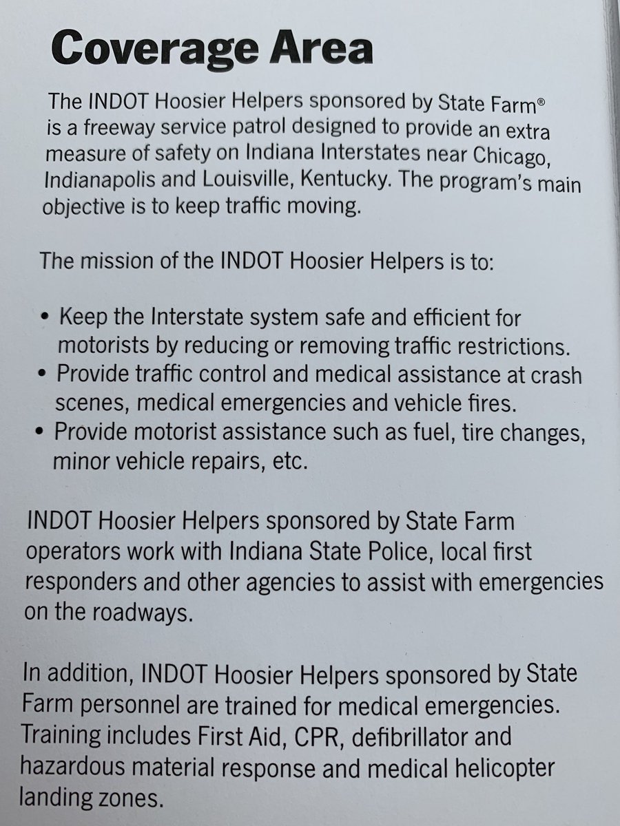 INDOT Hoosier Helpers patrol heavily trafficked interstates in Indiana with the goal of keeping the roads safe and efficient for drivers! They do everything from helping provide traffic control and medical assistance at crashes or assisting motorists with minor vehicle repairs.