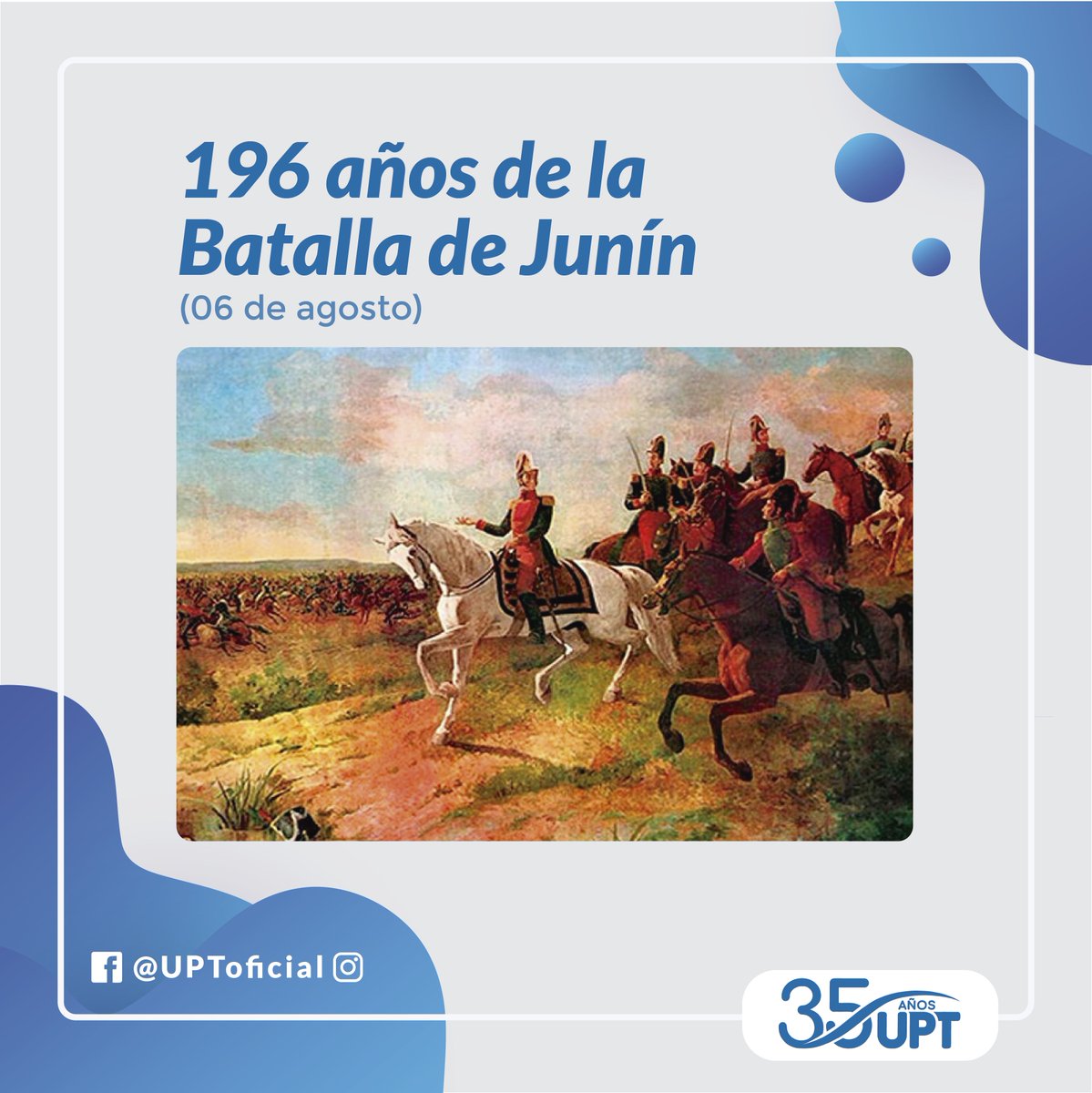 UPT_RADIO's tweet photo. #Efeméride 
La Batalla de Junín se libró el 6 de agosto de 1824, en las pampas cercanas al lago Junín, en la cordillera central peruana. Fue el penúltimo enfrentamiento armado entre el Ejército patriota y el realista, por la independencia de América del Sur. https://t.co/y5zmTVCQH2