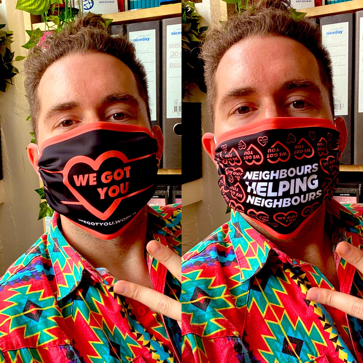 wegotyouworld's tweet photo. WeGotYou face masks! As gorgeously modelled by co-creator @kyletaylor - everyone helping with our volunteering has these available to them... Yay for looking after our communities! #facemasks #COVID19 https://t.co/MXN6EiauYx