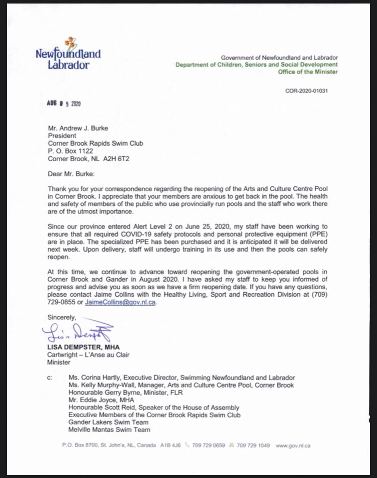 cbrapids's tweet photo. We received an official reply today. We have our fingers and toes crossed so our Rapids and community can do what they love! SWIM!! 🏊‍♂️🏊🏊‍♀️ #cornerbrook #nopool #nlpoli #kidsarewaiting @AndrewBurke15 @Gerry_Byrne @CSSD_GovNL https://t.co/mn0Jx9QRFN
