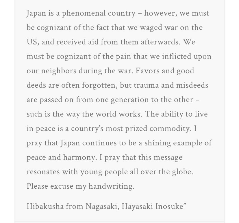 I turn again to the testimony of Inosuke Hayasaki, who I met in Nagasaki, and his explanation for why he has spent over seven decades sharing his witness to the bombs.