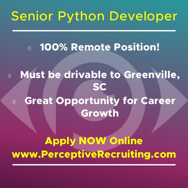 PerceptiveRecr1's tweet image. Another HOT JOB ALERT: 100% REMOTE Senior Python Developer just opened! Applicants must be drivable to Greenville, SC. #PerceptiveRecruiting #WomanOwned #SupplierDiversity #DirectPlacement #GVLToday #PythonDeveloper #softwaredeveloper #pythonprogramming #yeahTHATgreenville