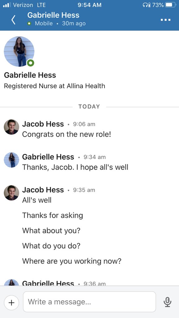 JakeHess20's tweet photo. Does anybody else communicate on LinkedIN with their siblings like this? @gabby_hess https://t.co/MrJT1jXCQF