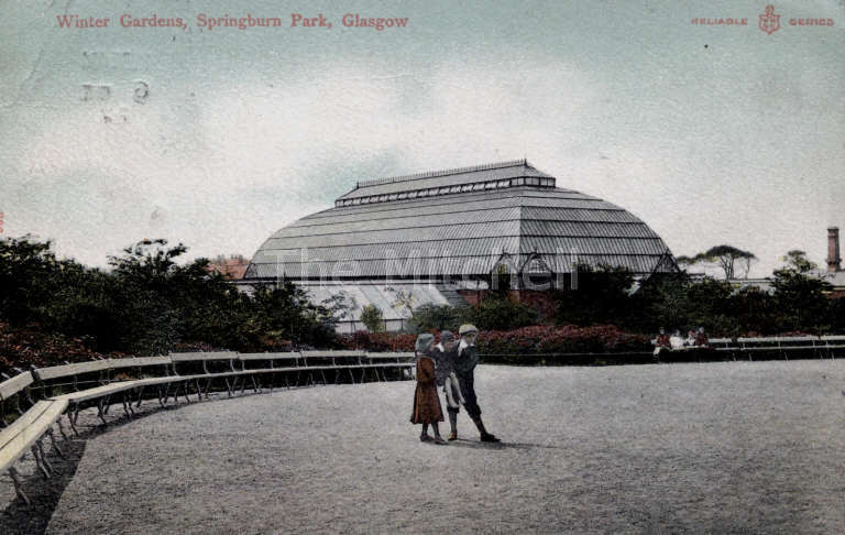 Nearby is the Winter Gardens, which were built by Glasgow Corporation as a condition for accepting a £12,000 gift from local benefactor Sir Hugh Reid to finance the construction of the nearby Springburn Public Halls. (Image courtesy Mitchell library)