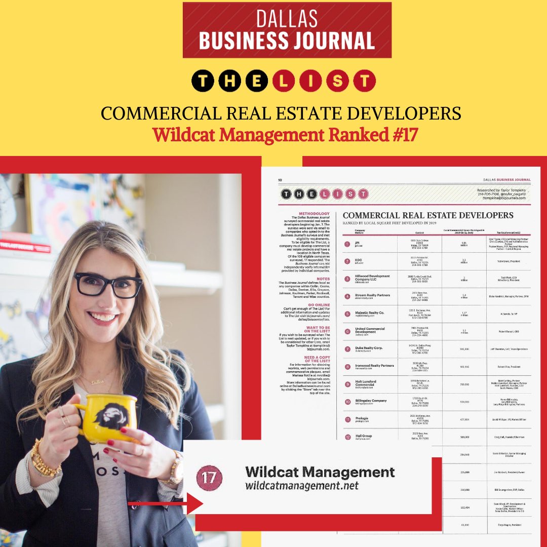 TanyaARagan's tweet image. @WildcatMgmt made “The List” for 2020 Dallas #CRE developers. Thank you @DallasBizNews for including us. 🌟💯 
#WildcatMgmt #Dallas #RealEstate