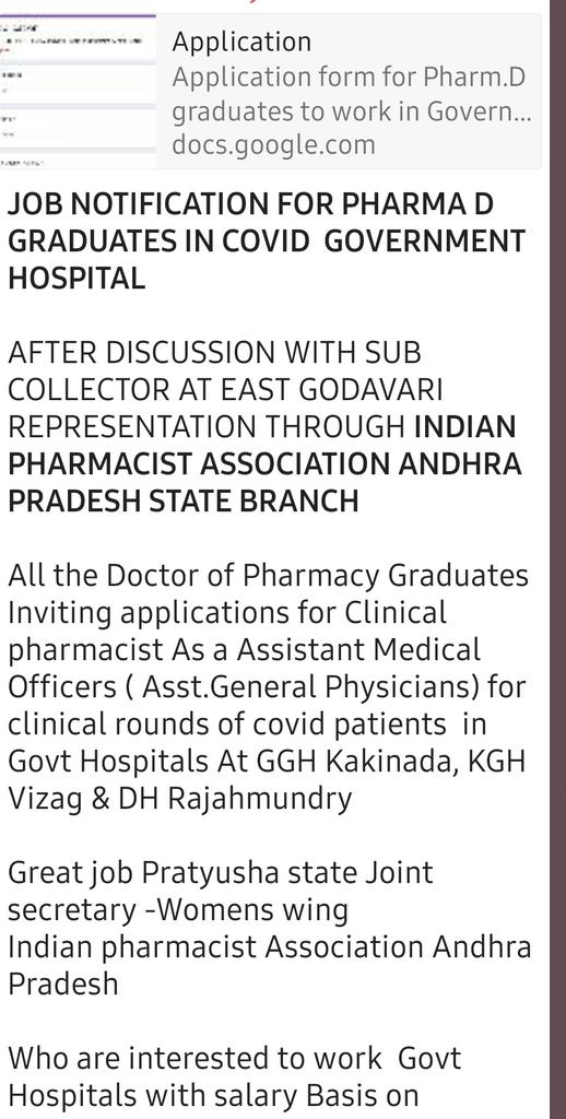 A cadre of Pharmacist with Pharm D is ready to serve nation during this COVID-19. Already in the process of engagement in Andhra Pradesh. PharmD can be engaged as Asst.Medical Officer in hospitals with shortage of MBBS doctors <a href="/PMOIndia/">PMO India</a> <a href="/narendramodi/">Narendra Modi</a> <a href="/drharshvardhan/">Dr Harsh Vardhan</a> <a href="/MoHFW_INDIA/">Ministry of Health</a>