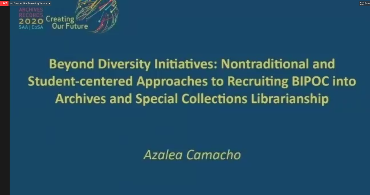 colleencirocco's tweet photo. "...this panel will discuss how institutions can leverage their strengths to build and foster diversity programs aimed to recruit prospective undergraduate and graduate students, and library staff and student workers into the profession. " #SAA20 #SAA20RF https://t.co/eeayITHHTp