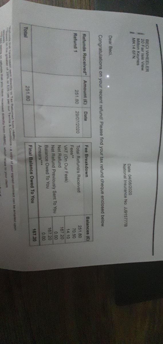 beci_wheeler's tweet photo. @HMRCcustomers can you explain why I've been charged £84 on admin fees to receive a refund on money YOU OWE ME? I wasn't advised of fees or given any options? A direct debit would be more efficient! Who do I bill for my time now having to cash this! #thieves #vile #incompetence https://t.co/HYK1uQVl3t