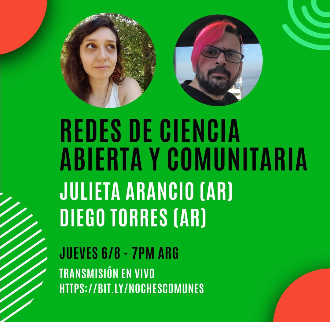 ¡Hoy hoy hoy! Mientras el congreso de Estados Unidos discute el derecho a reparar instrumental científico (y +) en #NochesComunes conversamos sobre por qué es importante abrir la ciencia a las comunidades y cómo se hace, con <a href="/Cassandreces/">Juli Arancio | cassandreces@scholar.social</a> y <a href="/diegotorresdr/">Diego Torres</a>. bit.ly/nochescomunes