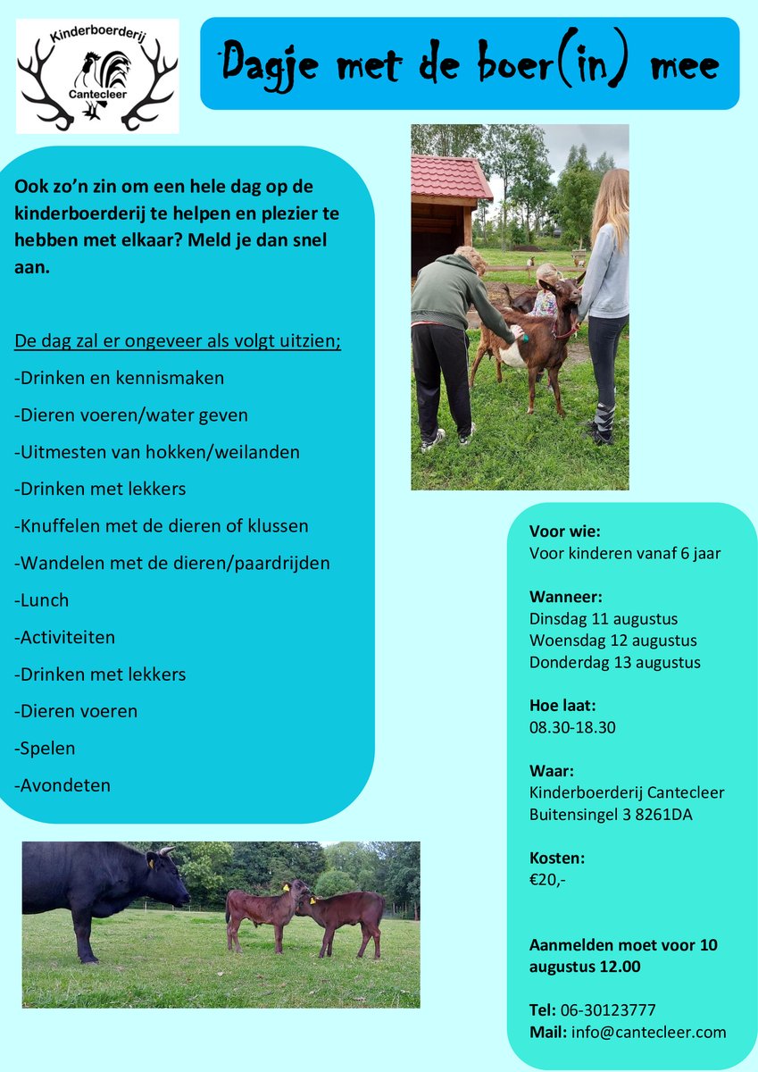 🐖𝘿𝙖𝙜𝙟𝙚 𝙢𝙚𝙩 𝙙𝙚 𝙗𝙤𝙚𝙧(𝙞𝙣) 𝙢𝙚𝙚🐔

Ook zo’n zin om een hele dag op de kinderboerderij te helpen en plezier te hebben met elkaar? Meld je dan snel aan.

✅Voor wie:
Voor kinderen vanaf 6 jaar
✅Wanneer:
Dinsdag 11 augustus
Woensdag 12 augustus
Donderdag 13 augustus